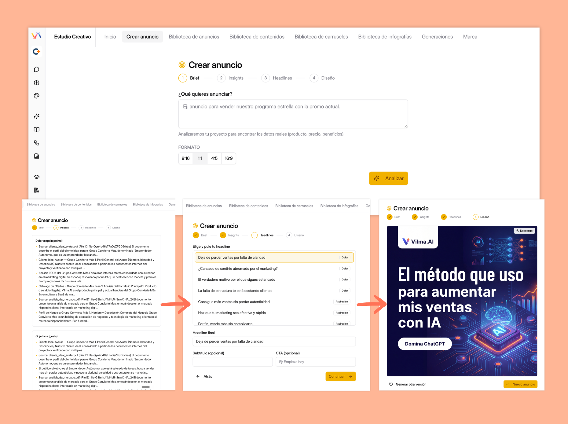 Flujo de Crear anuncio en Vilma.AI